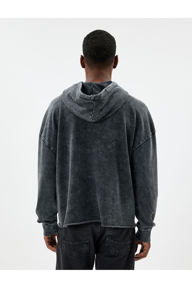 Oversize Sweatshirt Yıkamalı Basic Uzun Kollu Kapşonlu Pamuk Karışımlı - 4