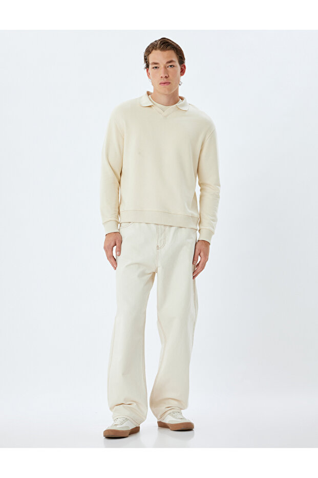 Polo Collar Sweatshirt Basic Long Sleeve Cotton