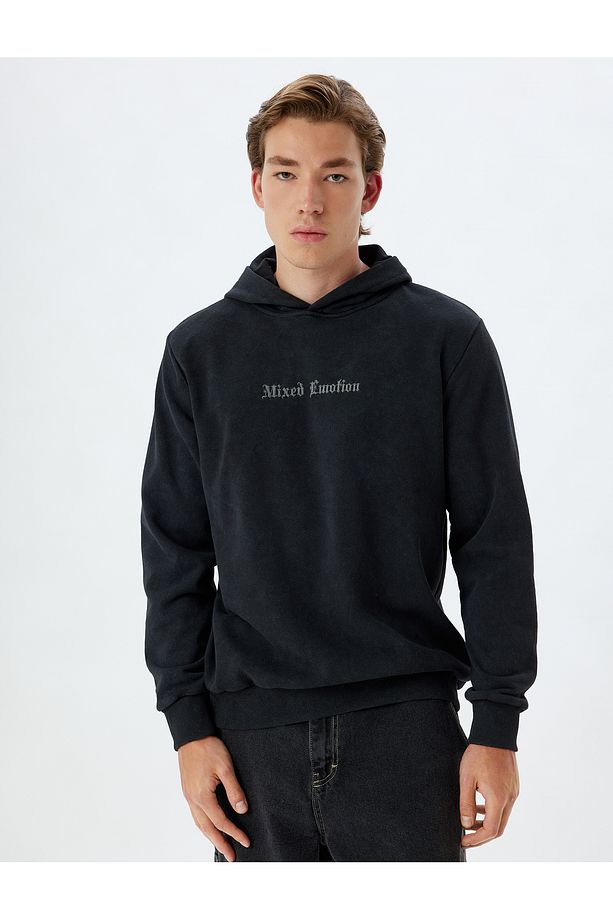 Kapşonlu Sweatshirt Slogan Işlemeli Basic Yıkamalı Pamuk Karışımlı - 3