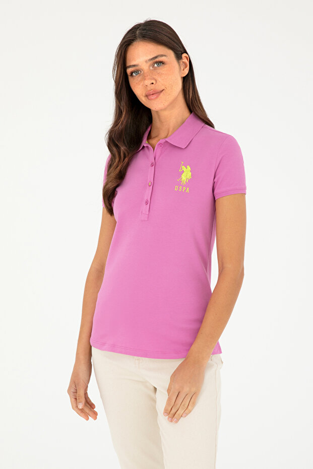Women's Pink Basic Polo Neck T-Shirt 50280063-Vr037