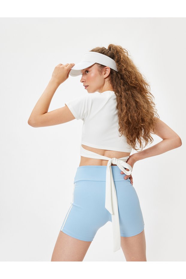Sports Crop T-Shirt with Tie Detail Slim Fit Crew Neck Interlock