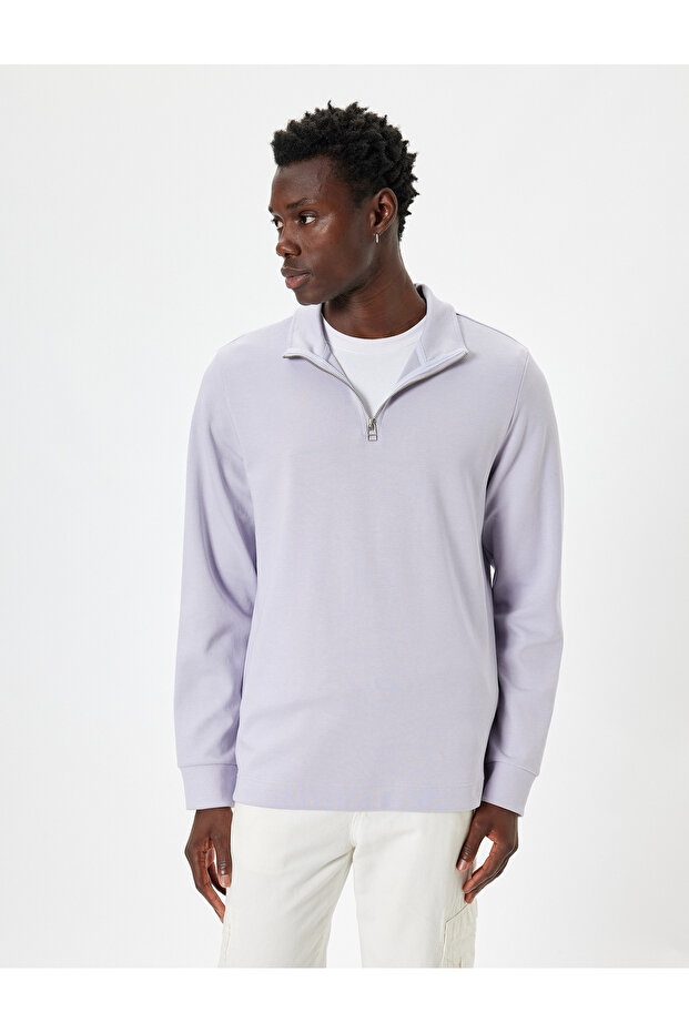 Basic Pamuklu Yarım Fermuarlı Sweatshirt - 3