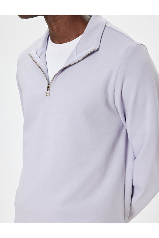 Basic Pamuklu Yarım Fermuarlı Sweatshirt - 5