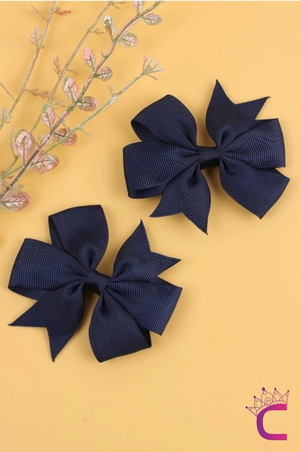 2-Piece Girl's Grosgrain Satin Bow Hairpin Set Navy Blue - Bow Ribbon Clip Collet Hair Clip