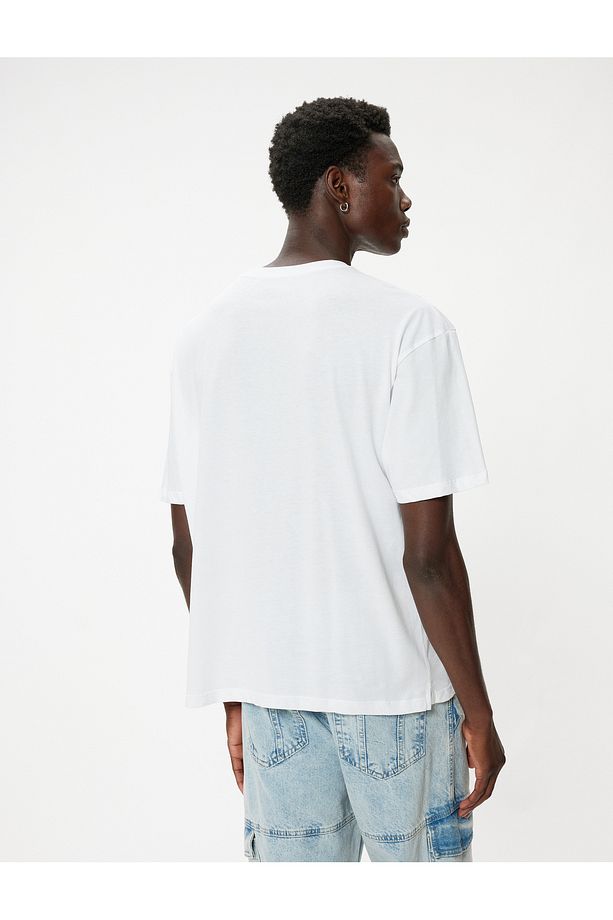 Slogan Baskılı Kısa Kollu Pamuklu Bisiklet Yaka Oversize Tişört - 4