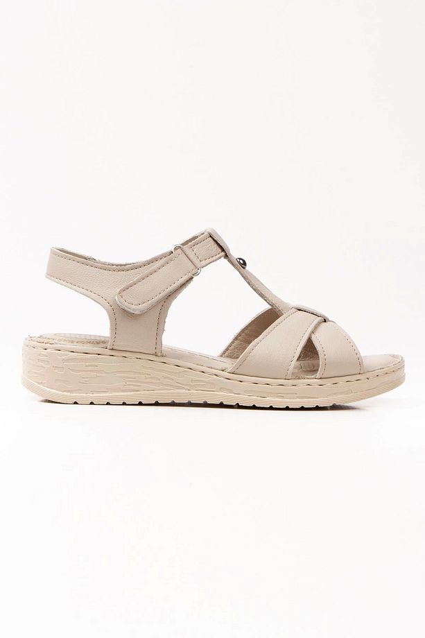Kadın Bej Hakiki Deri Comfort Yumuşak Tabanlı Ortopedik Sandalet - 3