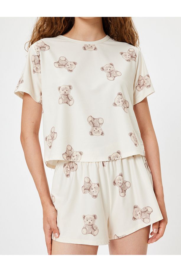 Ayıcıklı Kısa Kollu Örme Şortlu Pijama Takımı - 5