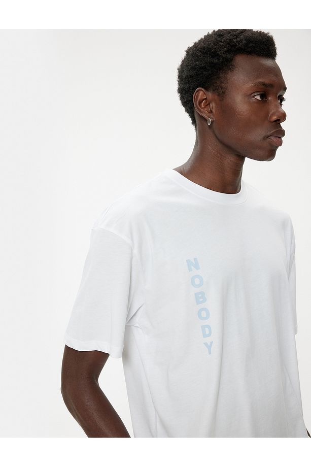 Slogan Baskılı Kısa Kollu Pamuklu Bisiklet Yaka Oversize Tişört - 1