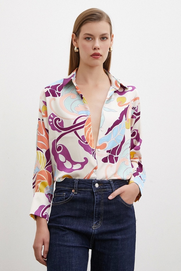 İpek Desen Gömlek Mor - 5