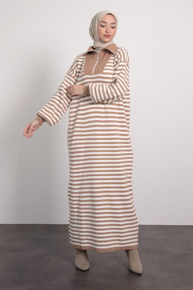 Zippered Collar Knitwear Dress Hijab Dress