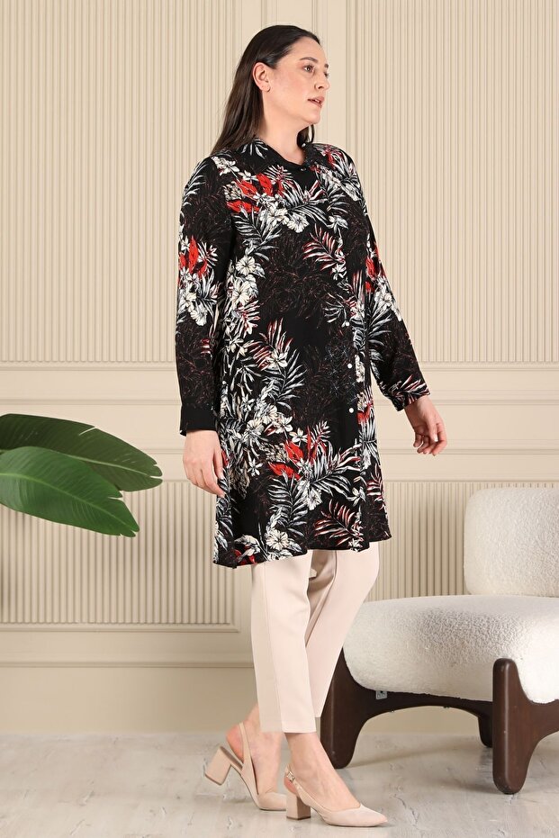 تونيك بياقة قميص أسود مقاس كبير - بأزرار - 7