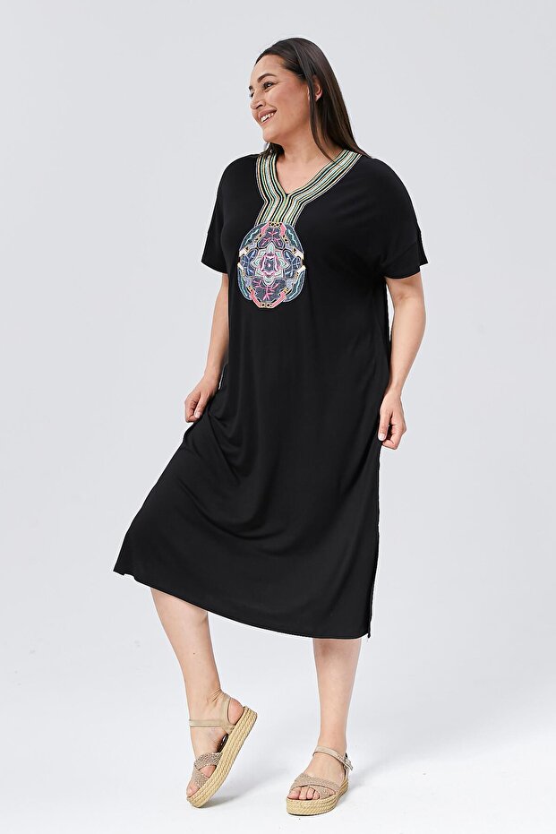 Rochie de damă, lungă, neagră, brodate de mărimi plus - 5