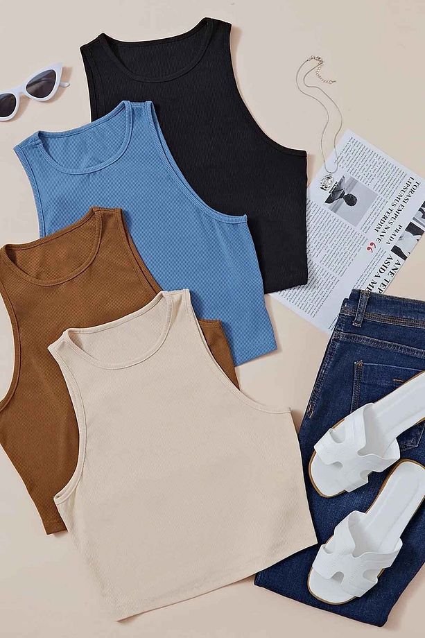 Tek Renk 1 Adet Kadın Kolsuz Örme Kumaş Bluz Crop - 6