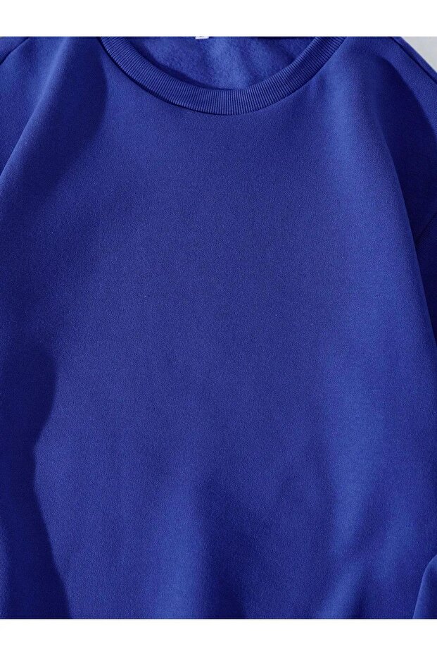 Unisex Oversize Düz Basic Sweatshirt – Saks Mavisi - 6