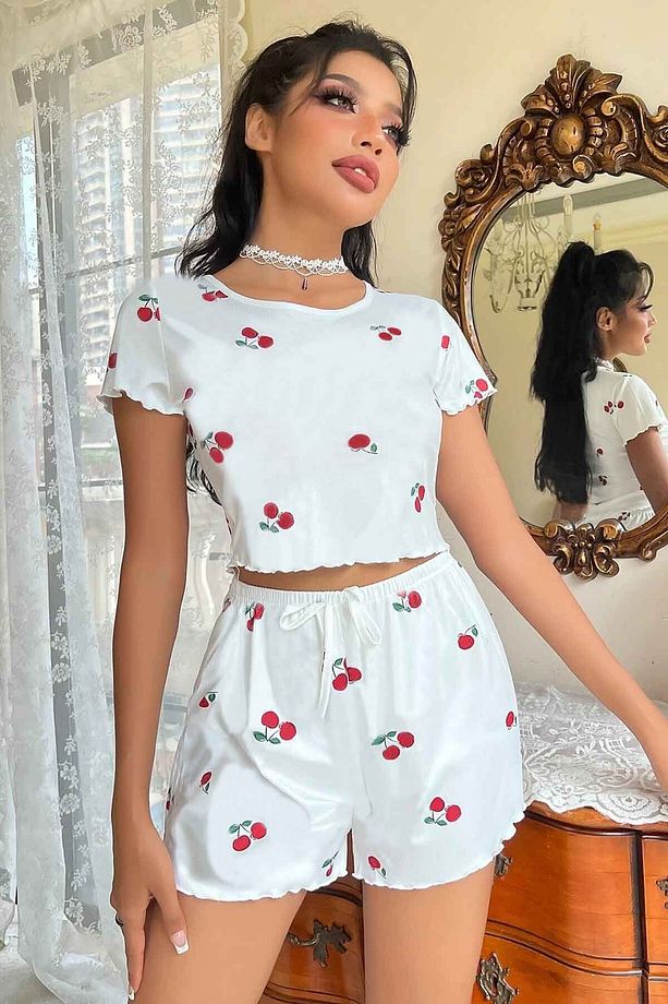 Örme Yumuşak Kısa Kol Kiraz Basklı Sortlu Pijama Takımı - 4