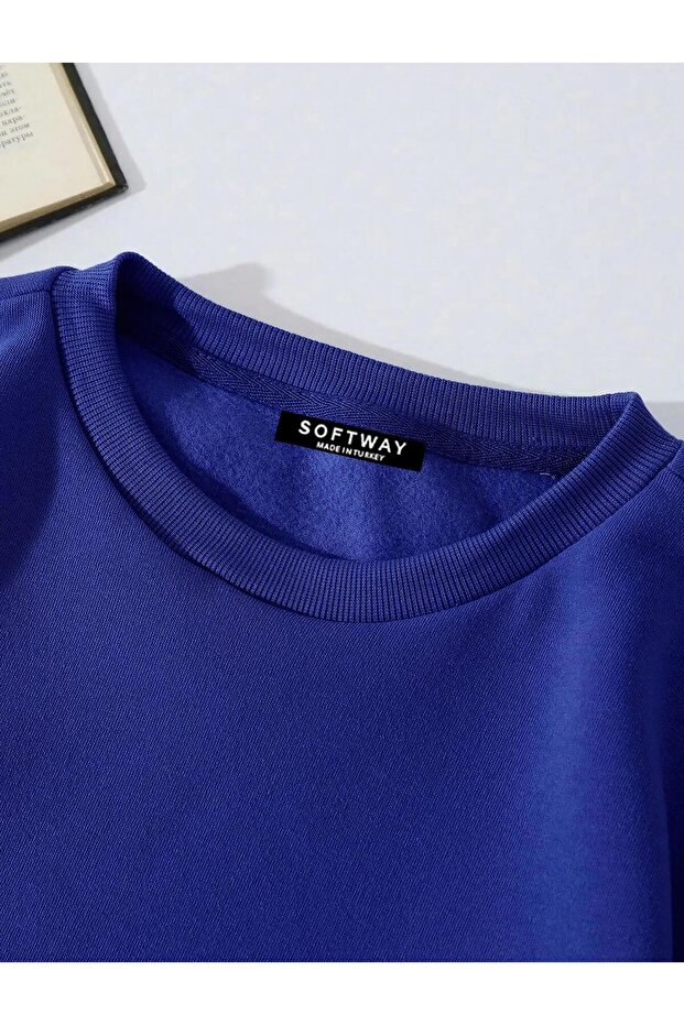 Unisex Oversize Düz Basic Sweatshirt – Saks Mavisi - 3