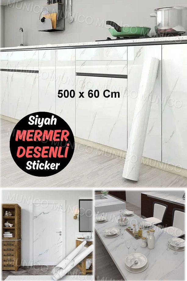 5 Metre x 60 Cm Beyaz Mermer Desenli Yapışkanlı PVC Kaplama - Ev ve Mutfak İçin Modern Dekorasyon - 4
