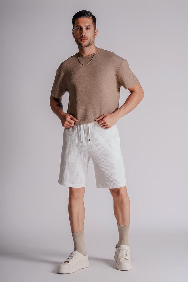 Erkek Yandan Cepli Beli Lastikli  Dokulu Kumaş Relaxed Fit Jogger Şort Ekru - 2