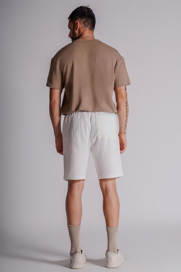 Erkek Yandan Cepli Beli Lastikli  Dokulu Kumaş Relaxed Fit Jogger Şort Ekru - 3