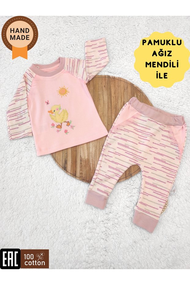 100% Cotton Baby Girl Suit - Pink & Duck Embroidered Top and Bottom Set of 2