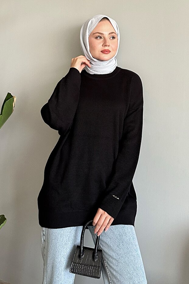 Fitilli Basic Siyah Triko Kazak - 1