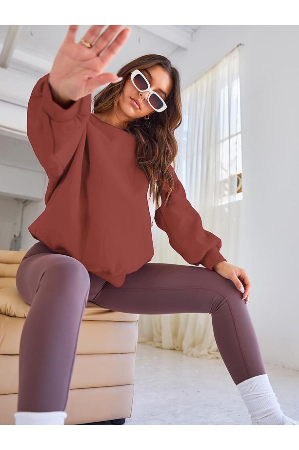 Kadın Oversize Kalın Şardonlu Yumuşak Bisiklet Yaka Sweatshirt Gül Kurusu - 1