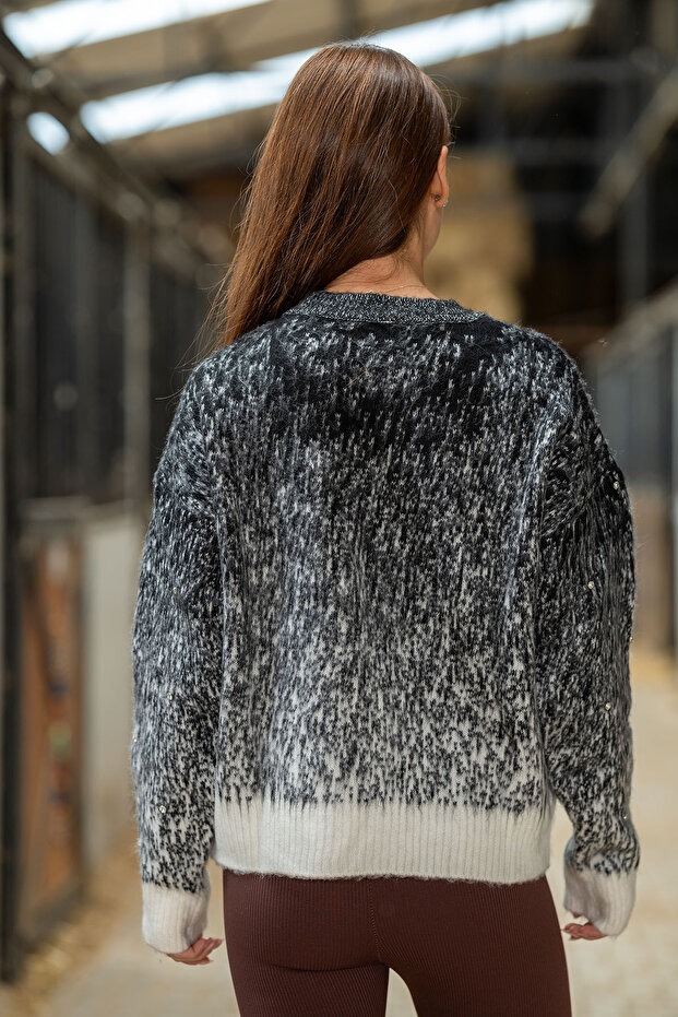 Taş Detaylı Kırçıllı Basic Kalın Kazak Siyah - 5