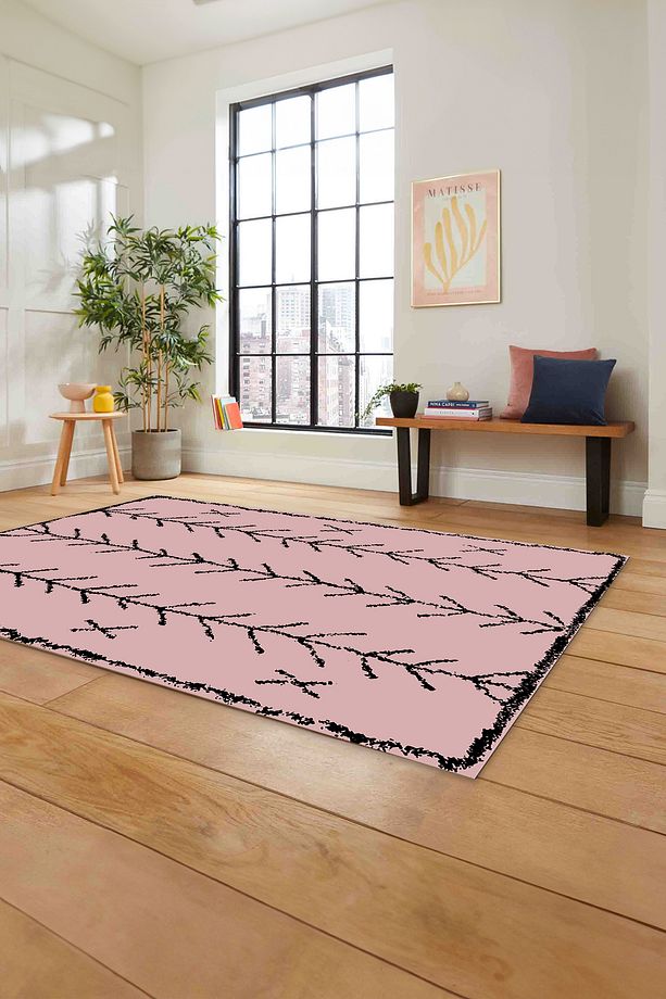 Baskılı İskandinav Desen Etnik Görünüm Yıkanabilir Yolluk Mutfak Salon Halısı, İSKANDİNAV-33-PEMBE, - 6