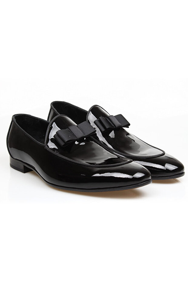 Black Color Laceless Genuine Leather Men's Patent Leather Shoes