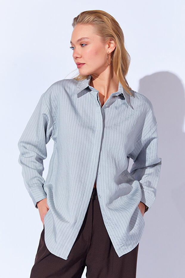 Gray Modal Soft Textured Luxury Striped Comfortable Cut Women's Shirt Ek 100169403