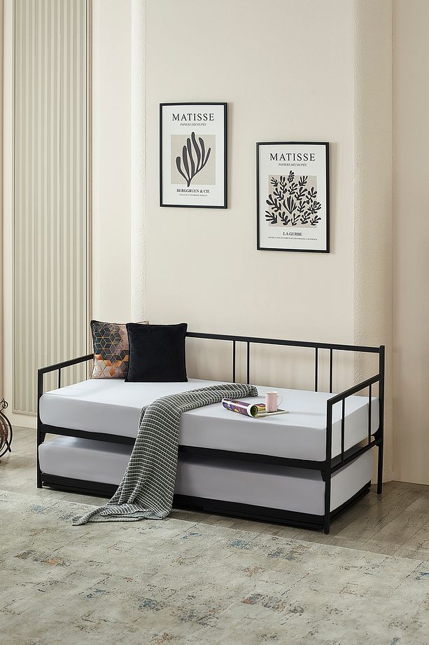 Veluna Yavrulu Daybed Tek-Çift Kişilik Sedir Metal Karyola Siyah - 1