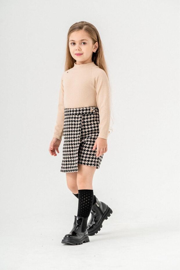 My Little One's Houndstooth Patterned Shorts and Skirt with Button Detail Girls' Set - Camel
