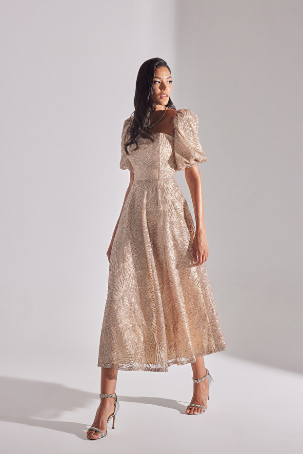 SARAH Sparkly Balloon Sleeve Ruffled Midi Length Engagement Dress