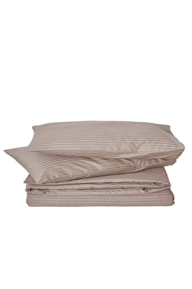 King Size Striped Cotton Satin Duvet Cover Set / S. Brown