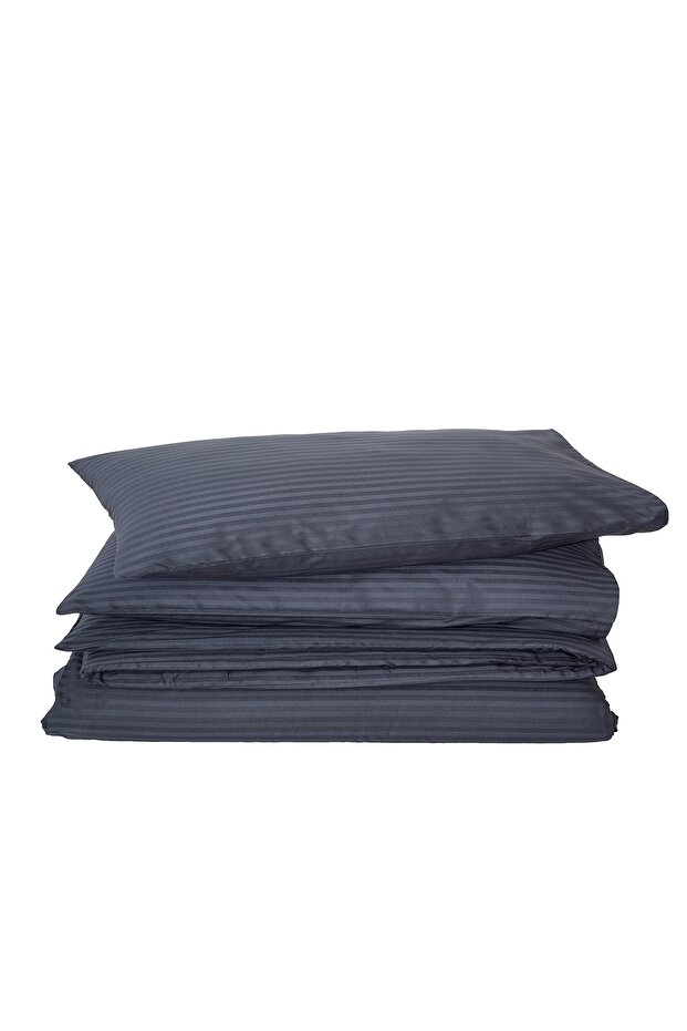 Double Striped Cotton Satin Duvet Cover Set / Anthracite