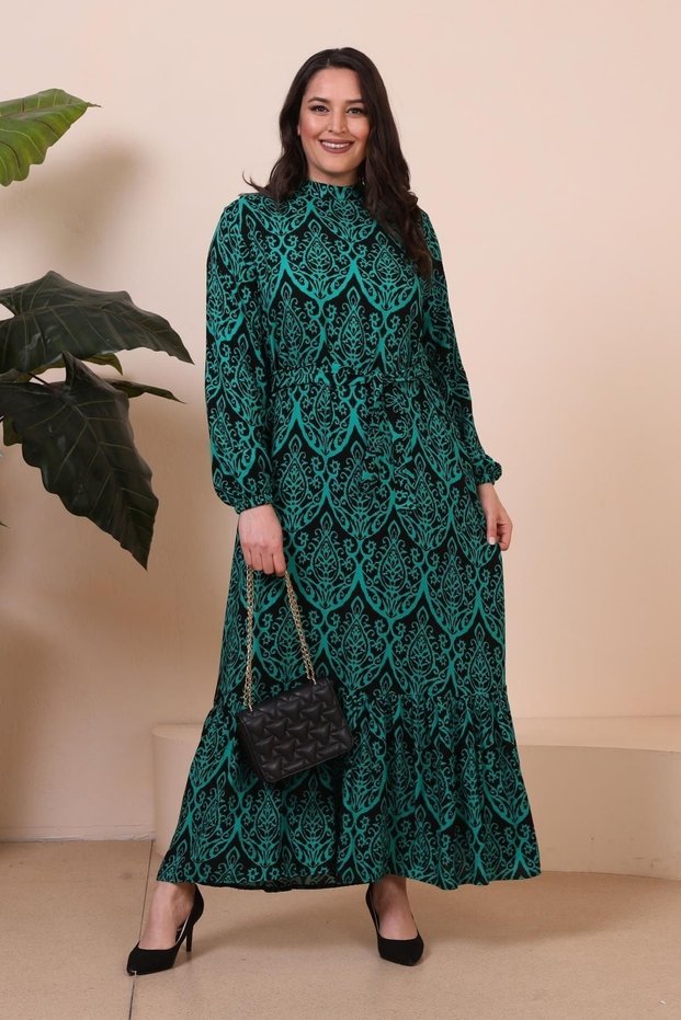 Women's High Collar Large Size Dress with Hijab Viscose Fabric Pleated and Pleated Dress