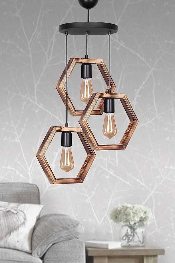 Kahverengi Ahşap Altıgen Petek 3lü Hexagon Avize - 3