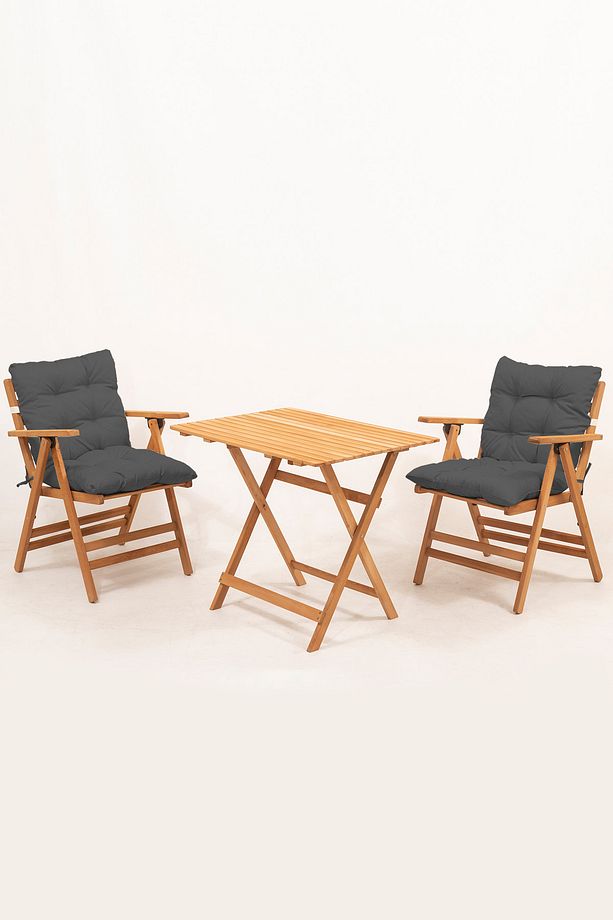 Minderli Loretta Masa Sandalye Seti 2+1 Ahşap Bahçe Balkon Teras Katlanır Set 60x80 Masa-ANTRASİT - 1