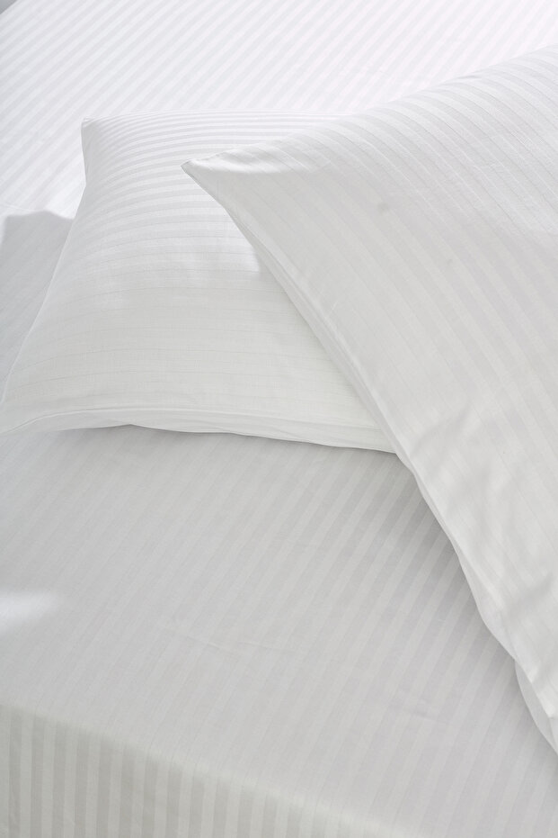Double Striped Cotton Satin Sheet Set / White