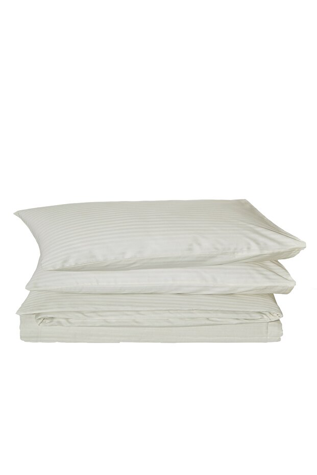 King Size Striped Cotton Satin Duvet Cover Set / Cream