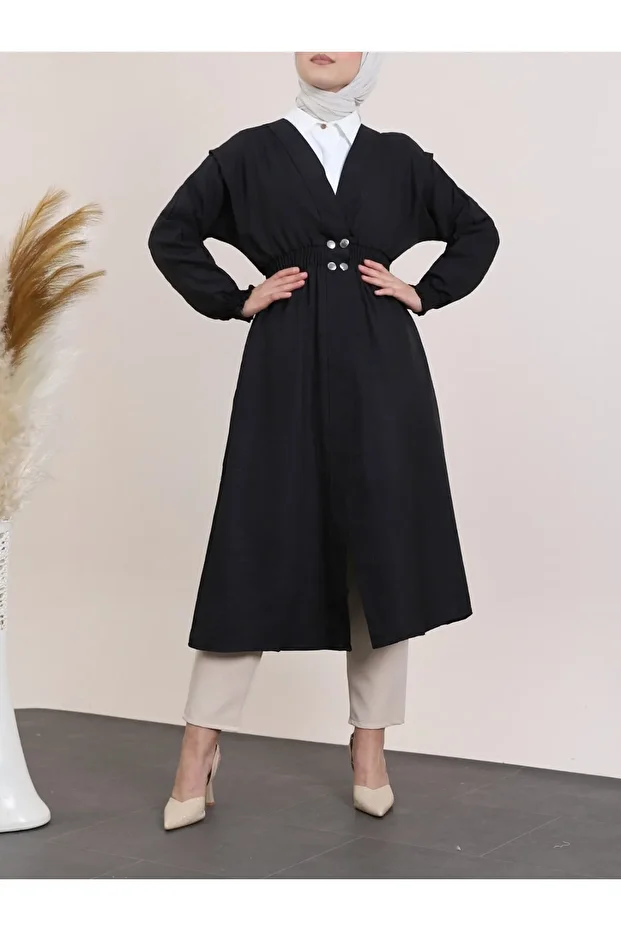 Black Linen Cap with Elasticized Sleeves and Waist - 1