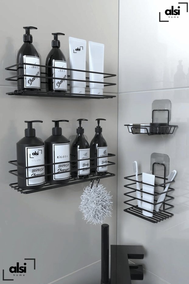 Stainless Adhesive Black Metal Bathroom Shelf Set of 4 Shower Shelf Shampoo Holder Soap Dish Toothbrush Holder Rack