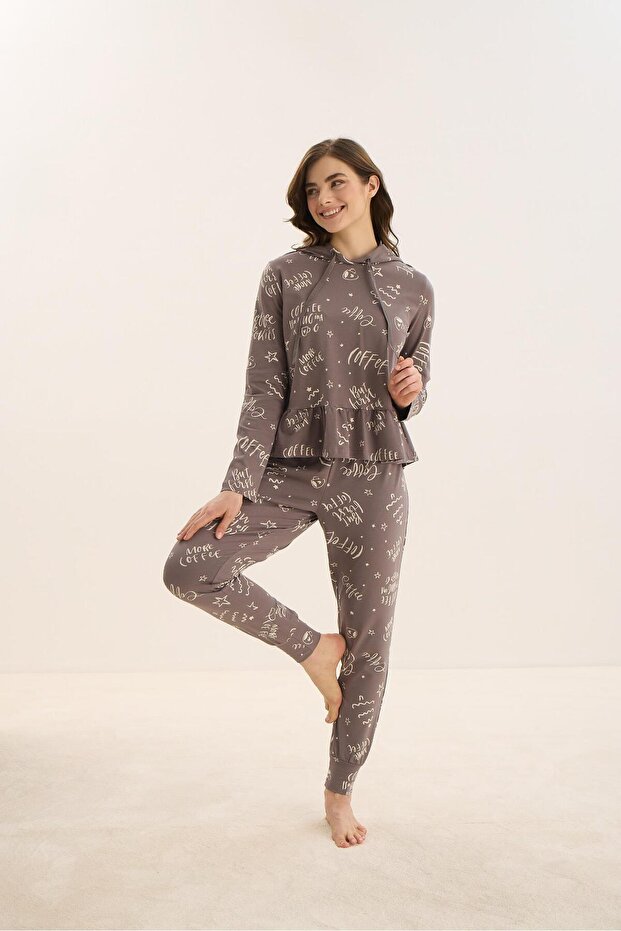 Women's Long Sleeve Hooded Anthracite Pajamas Set C4T8N9O51