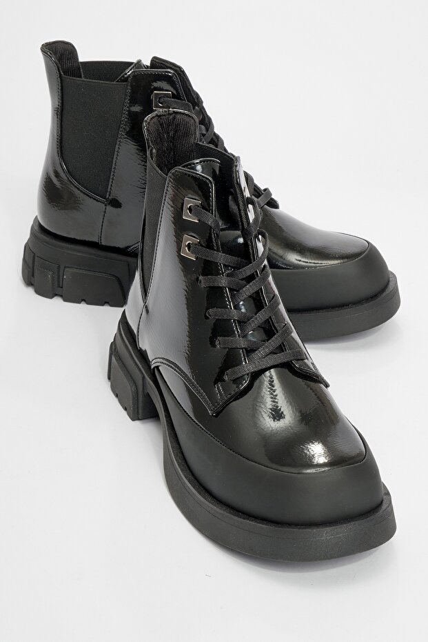 Challo Black Patent Leather Lace-Up Elastic Women's Boots