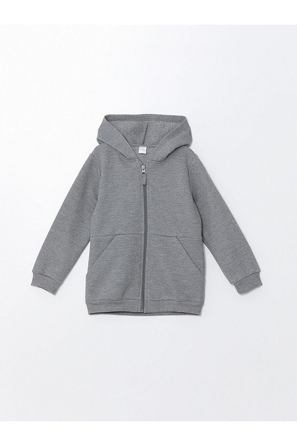 Gri Kapüşonlu Basic Erkek Bebek Fermuarlı Sweatshirt - 1