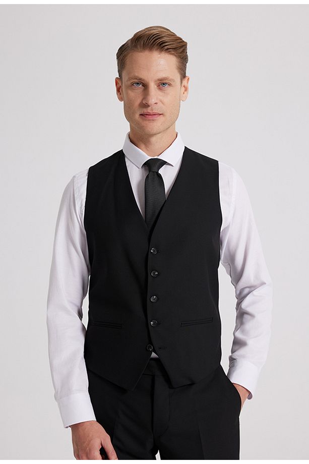Slim Fit Siyah Mono Yaka Tek Yırtmaçlı Astarlı Takim Elbise Yelekli - 3