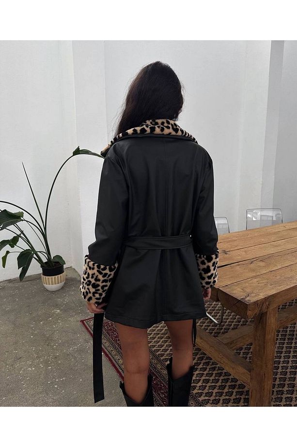 LEOPAR DETAY KİSA DERİ TRENÇ - 4