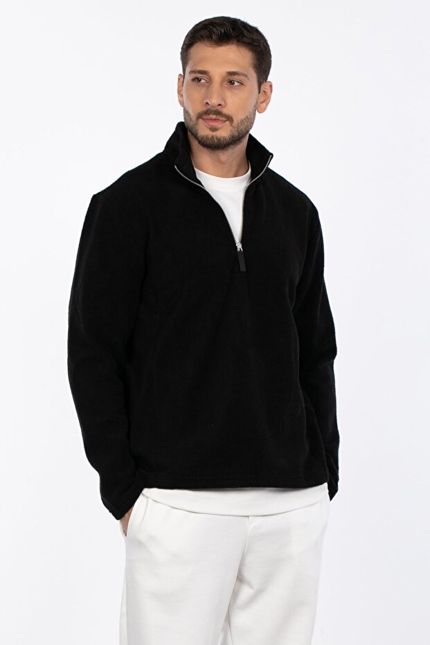 Half Zipper Stand Collar Fleece Sweatshirt - Black