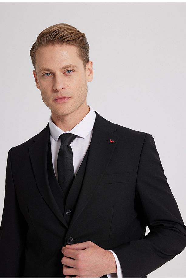 Slim Fit Siyah Mono Yaka Tek Yırtmaçlı Astarlı Takim Elbise Yelekli - 5