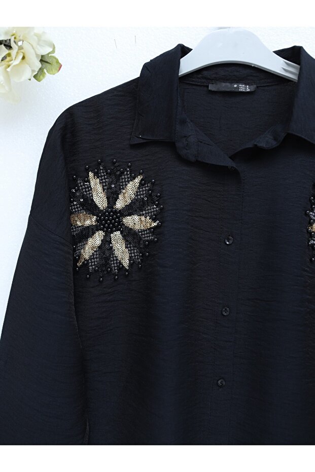 Pullu Güneş Nakışlı Gömlek -Siyah - 2